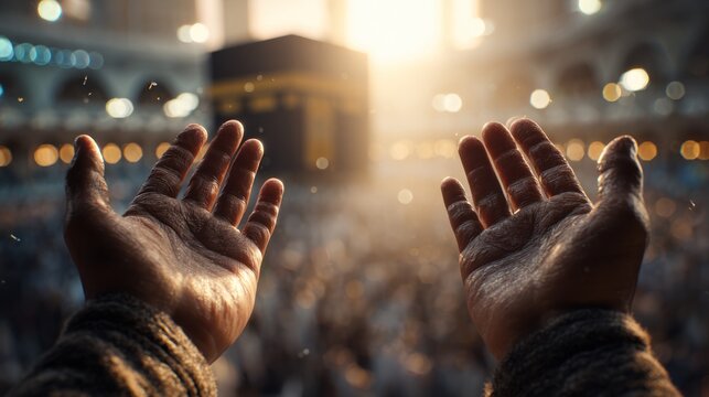 Two hands raised in a prayer position with the Kaaba in the background.