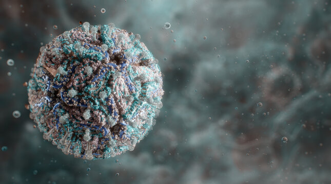 3D powassan virus particle showing envelope protein structure for tick-borne encephalitis and medical research concept. Flavivirus transmitted by ticks. Tick-borne diseases, pharmaceutical research