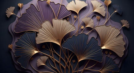 Luxury floral illustration with metallic gold stems, elegant ginkgo-inspired petals in purple, navy, and champagne tones