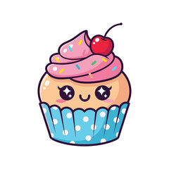 Cute kawaii cupcake with pink frosting blue wrapper and cherry