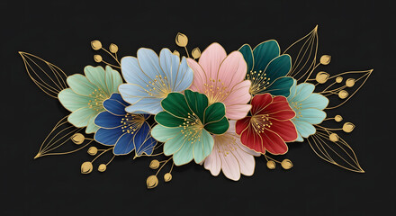 Modern abstract flower art, gold accent lines and buds, pastel and deep jewel-tone petals