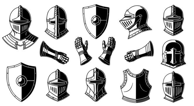 Medieval Knight Helmet and Armor Silhouettes &ndash; Black Protection Gear Vector Set EPS 10