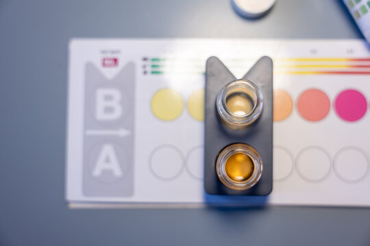 Top view of two aquarium test vials with water samples in plastic holder on color comparison chart. Aquarium nitrogen cycle testing for nitrate and nitrite levels