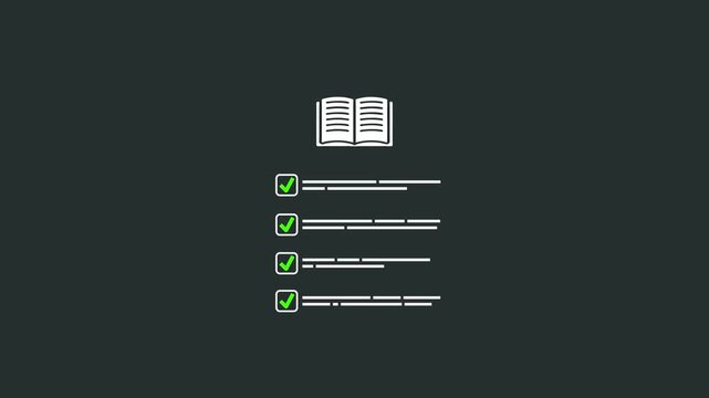 Checklist with open book and four checkmarks on black background for education and business presentations