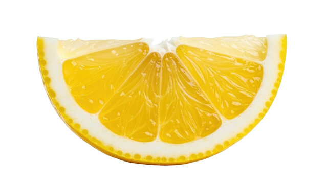 Isolated Lemon wedge, close-up of citrus half slice showing fruit segments and outer rind