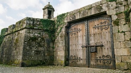 Obraz premium Ancient city gate with a stone wall and small tower. Entrance to historical jerusalem or biblical times settlement concept.