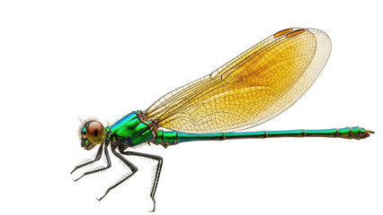 Isolated emerald dragonfly with golden wings posing in front of the camera on a bright day © Elena