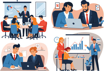 Business Meeting and Presentation: Colleagues Collaborating in Office, Brainstorming, and Discussing Charts