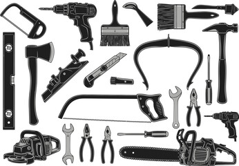 Arrangement of various black and white tools for construction and repair, including saws, drills, hammers, and measuring instruments.