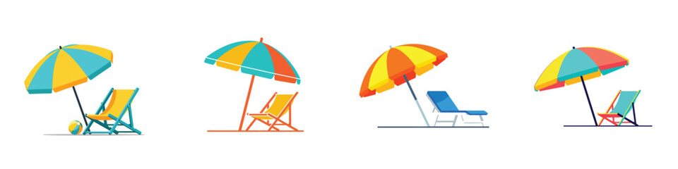 A tropical beach umbrella and chair, flat design, single scene element, vector illustration, white background, solid vibrant colors. © Haris Lost