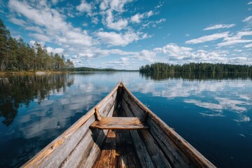 Obraz premium Wooden canoe on calm lake with forest and blue sky