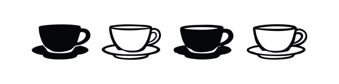 Coffee Mug and Teacup Icons - Drinkware Silhouette and Outline Vector Set