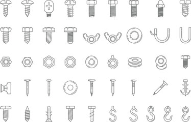 Obraz premium Assortment of black and white line art icons for fasteners, nuts, bolts, and hardware.