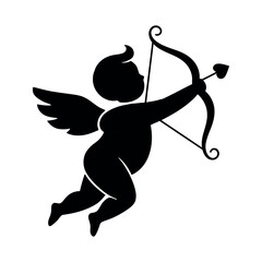 Fototapeta premium Black Silhouette of Flying Cupid with Bow and Heart Arrow