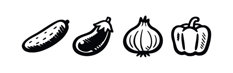 Fototapeta premium Hand drawn line art icons of fresh vegetables including cucumber, eggplant, onion, and bell pepper.