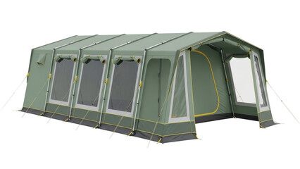 Isolated green camping tent for family outdoor adventures under awning on vacation site © Elena