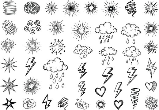 Collection of hand-drawn doodle elements: stars, clouds with rain, lightning bolts, hearts, and abstract scribbles.