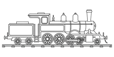 Black and white line drawing of a classic steam locomotive train engine on a track for coloring. © Monibala