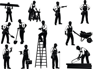 Fototapeta premium Collection of black silhouette icons representing construction workers engaged in various activities: carrying materials, using tools, and directing work.