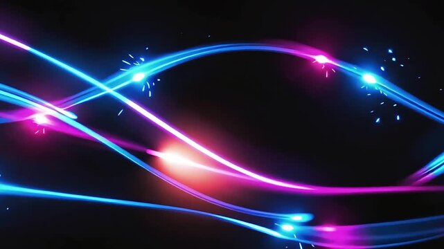 Fast-moving neon blue and magenta trails weaving like ribbons, dark void background, luminous particle sparks, 4K clarity
