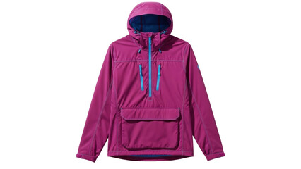Isolated outerwear, pullover jacket, magenta colored hooded anorak for outdoor sport wear © Maria