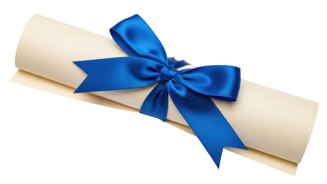 Isolated diploma scroll with a shiny blue ribbon, certificate of honor and graduation degree