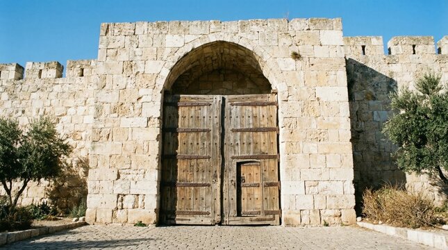 Ancient stone wall with an arched wooden gate, depicting a historical entrance. Old city architecture from biblical times, Jerusalem travel theme.