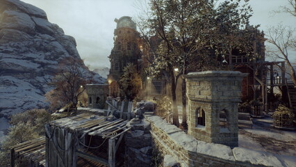 Weathered stone walkway with scaffolding and timber planks, conservationist inspection imagined with tools, chisel marks, dust motes, safety harness and precise © icetray