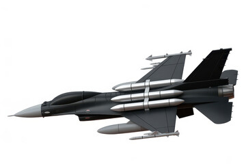 Black and gray fighter jet with missiles from side angle