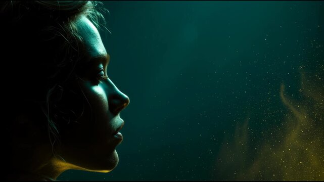 Silent Contemplation: A woman's profile is captured in a captivating close-up, illuminated with dramatic lighting against a backdrop of enigmatic dark atmosphere. Revealing the depth of the mind.