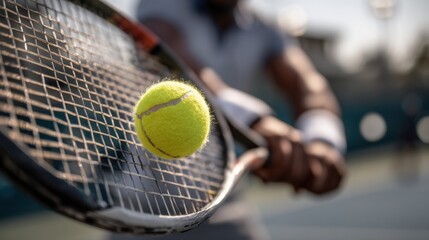 Obraz premium A tennis player holds a racket with a yellow ball positioned in the air. The setting is a tennis court during the day