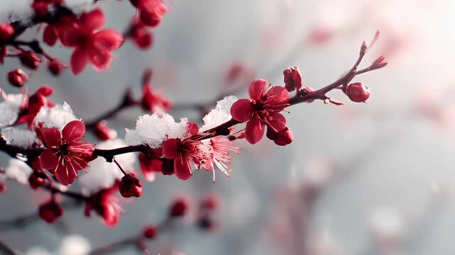 Spring snow ice thaw, end of Winter Season, hope, fresh start. A closeup of a cherry blossom branch covered in snow, with its vibrant red flowers and buds contrasting against a blurred background.