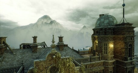 Lit guardian tower glowing against mist and mountain backdrop, warm lantern light spilling from tall windows, rooftop turrets and stonework soaked in rain © icetray