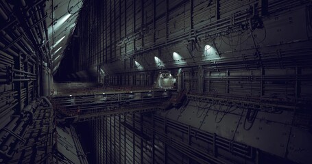 Vast infrastructure trunk with converging lines and moody lighting, exposed pipes and cable bundles, heavy steel ribs, structural repetition, inspectionready © icetray