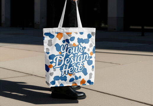Man Using Canvas Tote Bag Mockup