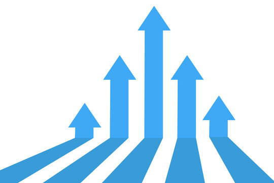Five light blue arrows ascend from bottom increasing in height and width showing expansion development and financial growth on grey checkered background