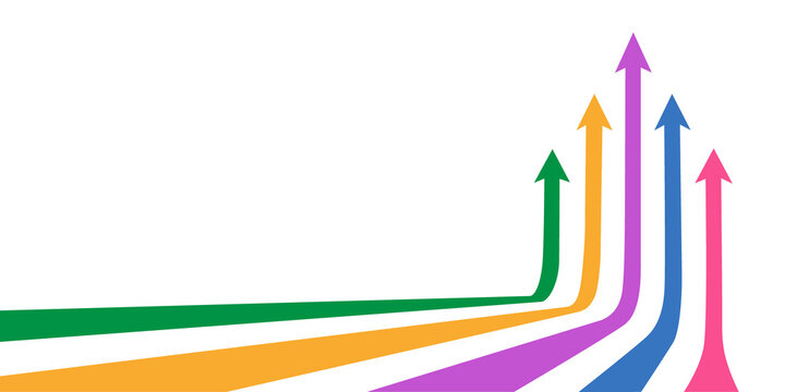 Multi colored arrows green orange purple blue pink ascend upwards showing diverse progress and growth path on grey checkered background with copy space