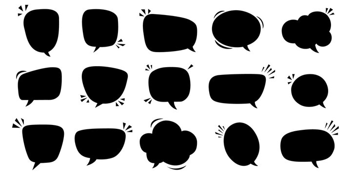 Collection of fifteen black solid speech bubbles in various rounded and irregular shapes, some with starburst accents