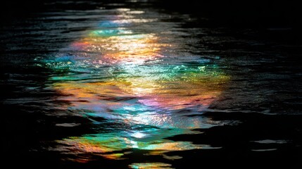 Obraz premium Rainbow Reflection on Water: A mesmerizing close-up of colorful light reflecting off the surface of water, creating an abstract and dreamy visual. Evoking a sense of mystery and surrealism.