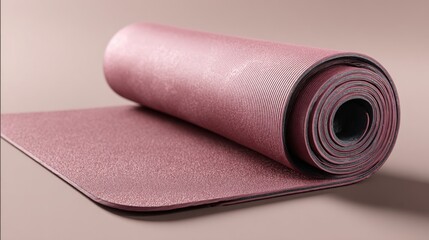 Obraz premium A rolled yoga mat is shown on a smooth surface, with the design extending diagonally. Soft light highlights its texture