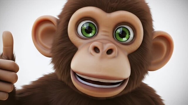 Cartoon monkey portrait with green eyes and furry, brown face smiling widely at viewer