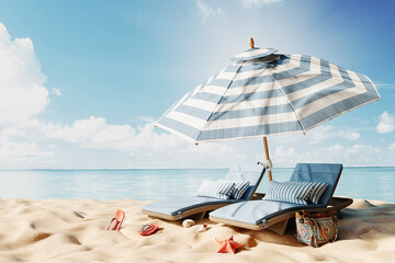 Two blue deck chairs under the parasol on sand beach. Summer vacation concept design with copy space. 3D Rendering, 3D Illustration © hd3dsh