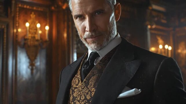 Elegant grey-haired man in ornate suit, intense gaze, standing in a luxurious, dark room