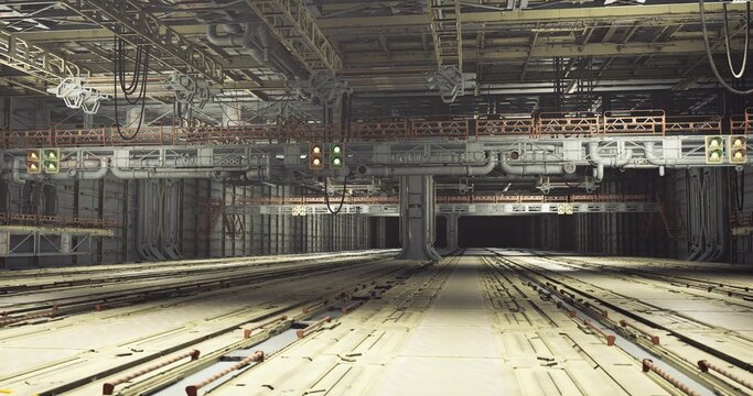 Overhead mirrored ceiling corridor, inverted perspective and grid structure, inspection drone mapping trusses, ambient glow from service lights, complex conduit