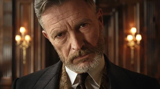 Serious, grey-haired man in a suit and patterned waistcoat in a dimly lit, ornate room