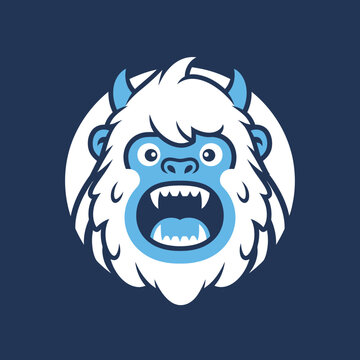 Funny cartoon yeti monster mascot, roaring with mouth open, blue and white, isolated on dark blue background