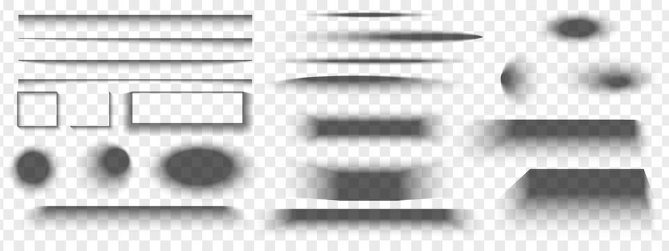 Set of soft gray shadow effects isolated on transparent background. Square, oval, round and rectangular shade shapes with blurry edges for box or page mockups. Vector realistic illustration.
