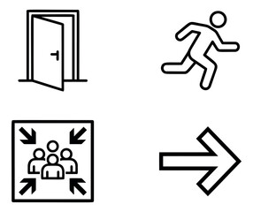 Fototapeta premium Line art safety icons set featuring an open door, a running person, an assembly point, and an arrow for emergency and evacuation instructions