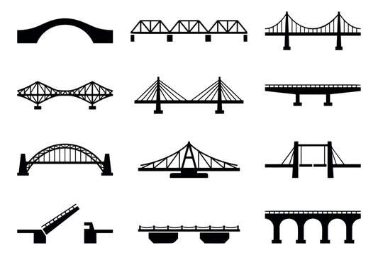 Minimalist icon bridge set featuring various engineering designs for infrastructure projects
