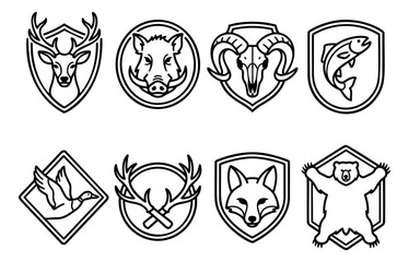 Obraz premium Line art hunting and fishing set featuring various wild animals and trophies for outdoor activities